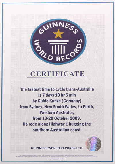 Urkunde von Guinness – Non-Stop Australien